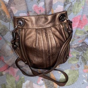 B Makowsky Bronze Leather Handbag Leopard Lining Silver Hardware EUC